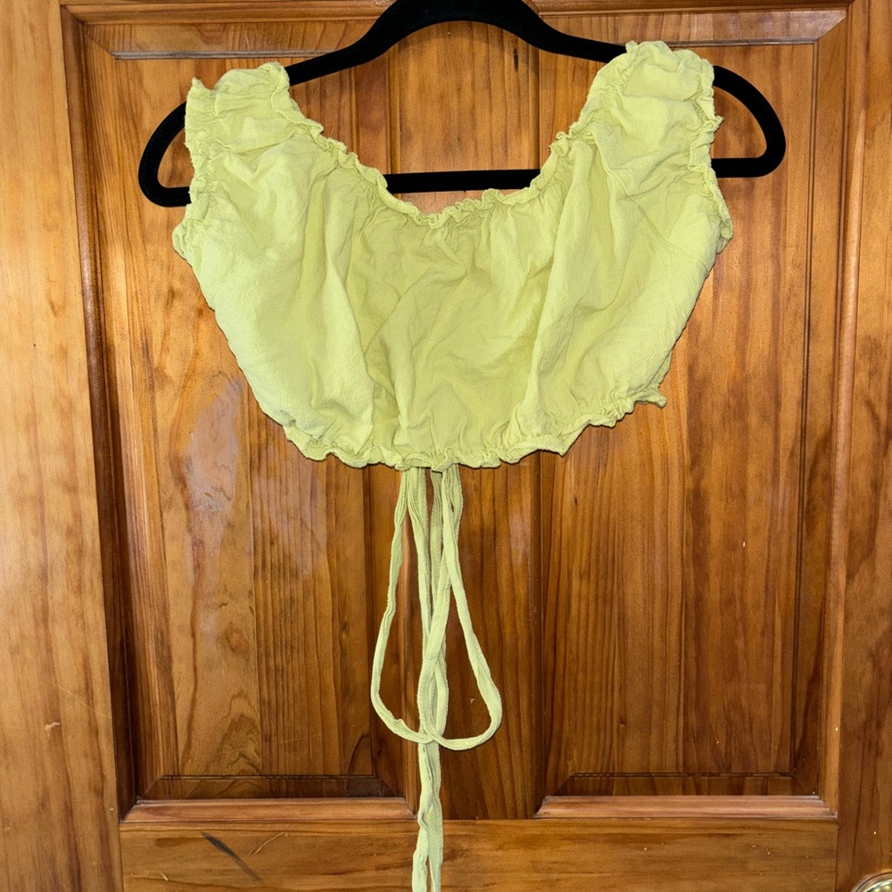 Green Ruffle Trim Wrap Crop Top - Picture 3 of 5